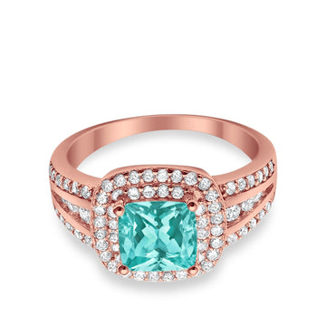 Halo Wedding Ring Rose Tone, Simulated Paraiba Tourmaline CZ 925 Sterling Silver